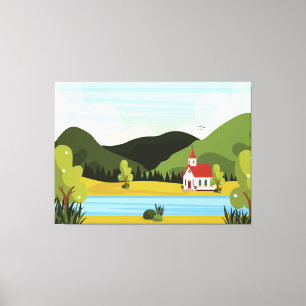 Kerklandschap met rivier canvas afdruk