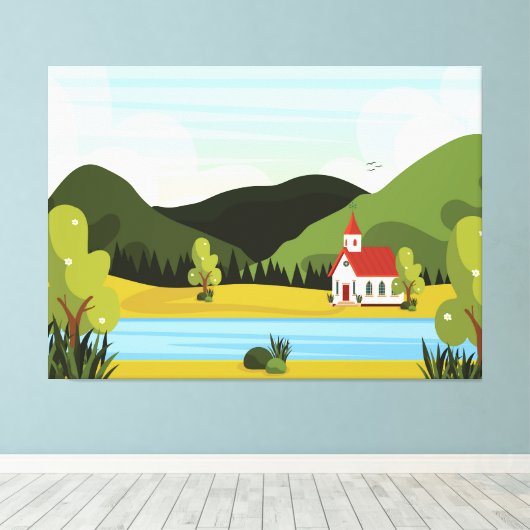 Kerklandschap met rivier canvas afdruk (Insitu (Houten vloer))
