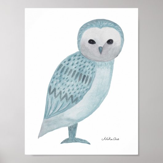 Kerkuil Poster Blauw Witte Uil Muurkunst Print (Voorkant)