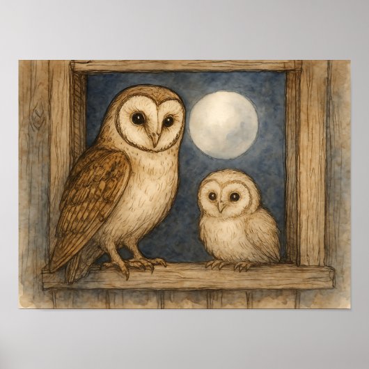 Kerkuil & Uilskuiken Rustieke Aquarel Poster (Voorkant)