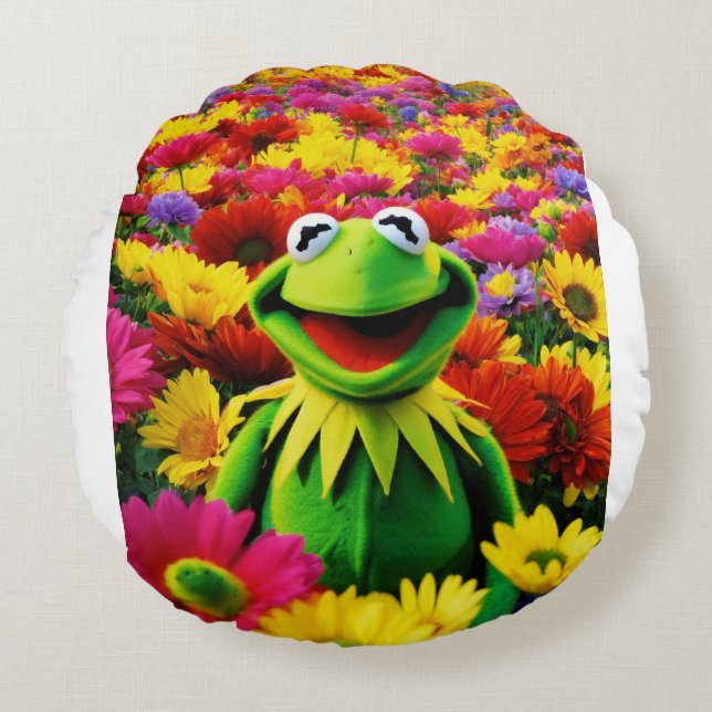 Kermit's Field of Joy: een kleurrijke Frolic" Rond Kussen (Voorkant)