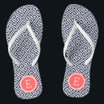Kernmonogram van de marine en Coral Teenslippers<br><div class="desc">Aangepast gedrukte flip flop sandalen met een stijlvol,  modern Grieks sleutelpatroon en uw aangepast monogram of andere tekst in een cirkelvormige lijst. Klik aanpassen het om tekstdoopvonten en kleuren te veranderen of uw eigen afbeeldingen toe te voegen om unieke één van een soortontwerp te creëer!</div>