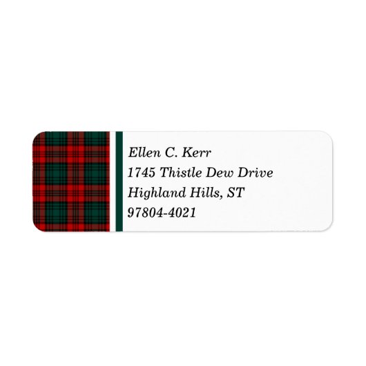Kerr Clan Rood, Groen en Zwart Schots Tartan Etiket (Voorkant)