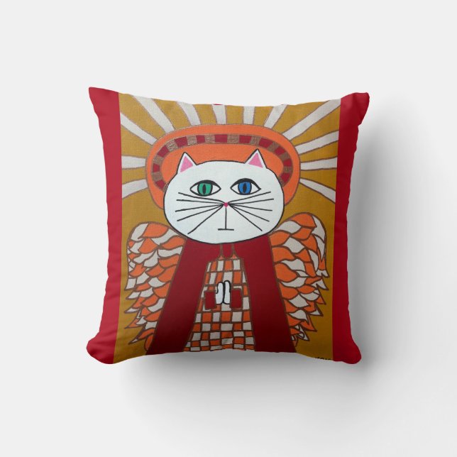 Kerri Ambrosino Art Pillow Cat Angel Red Gold Kussen (Voorkant)