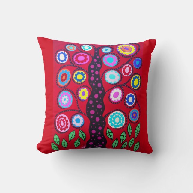 Kerri Ambrosino Art Pillow Tree of Life Red Flower Kussen (Voorkant)