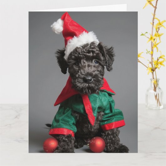 Kerry Blue Terrier Elf Puppy Kerst Kaart (Gele Bloem)