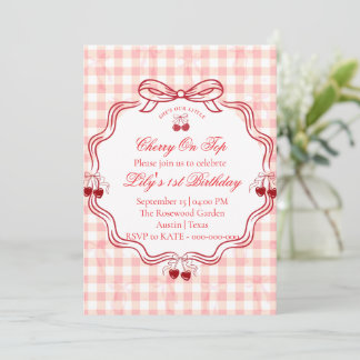 Kers 1e verjaardagsuitnodiging | Roze Gingham Stri Kaart