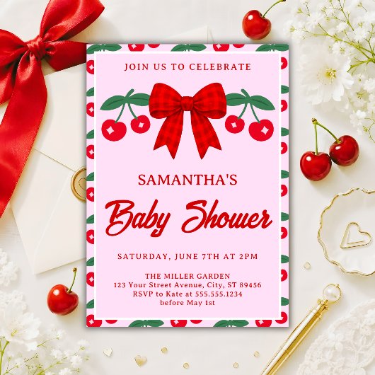 Kers Baby Shower Rode Gingham Strik Kaart