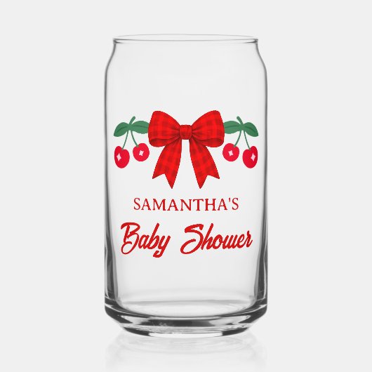 Kers Babyshower Rood Gingham Lint Favor Blikvorm Glas (Voorkant)