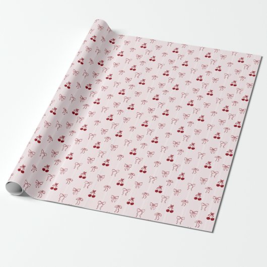 Kers Bow Coquette Roze Cadeau Mooie Patroon Cadeaupapier (Uitgerold)