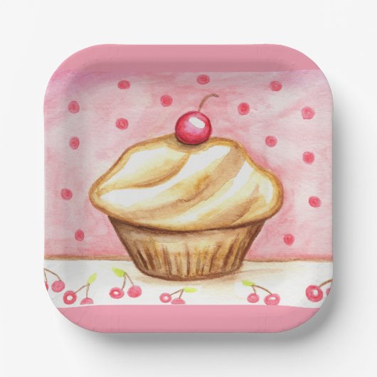 Kers Cupcake Papieren Borden Bordje (Voorkant)