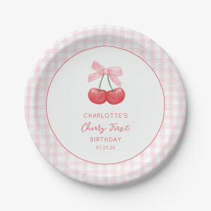 Kers Eerste Verjaardag Roze Gingham Meisjes Eén Ja Papieren Bordje