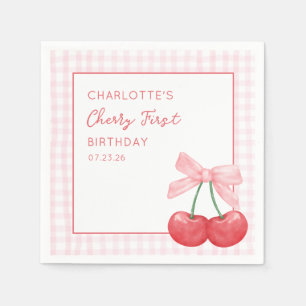 Kers Eerste Verjaardag Roze Gingham Meisjes Eén Ja Servet