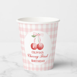 Kers eerste verjaardag Roze Strik Gingham Papieren Bekers