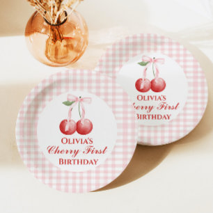 Kers eerste verjaardag Roze Strik Gingham Papieren Bordje