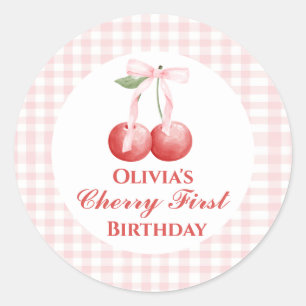 Kers eerste verjaardag Roze Strik Gingham Ronde Sticker
