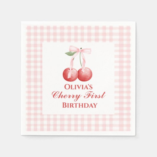 Kers eerste verjaardag Roze Strik Gingham Servet (Voorkant)