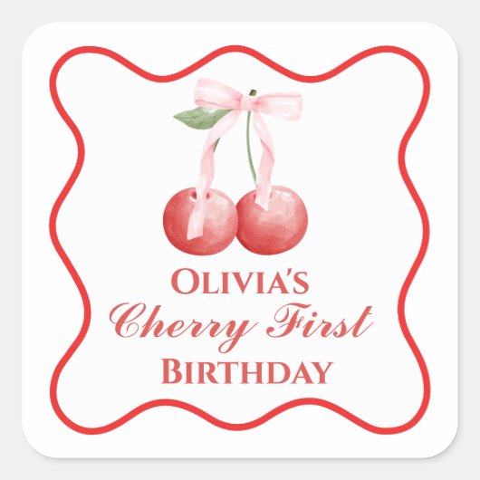 Kers eerste verjaardag Roze Strik Gingham Vierkante Sticker (Voorkant)