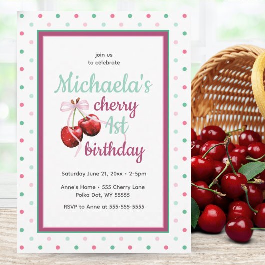 Kers Eerste Verjaardag Stippen Thema Kaart