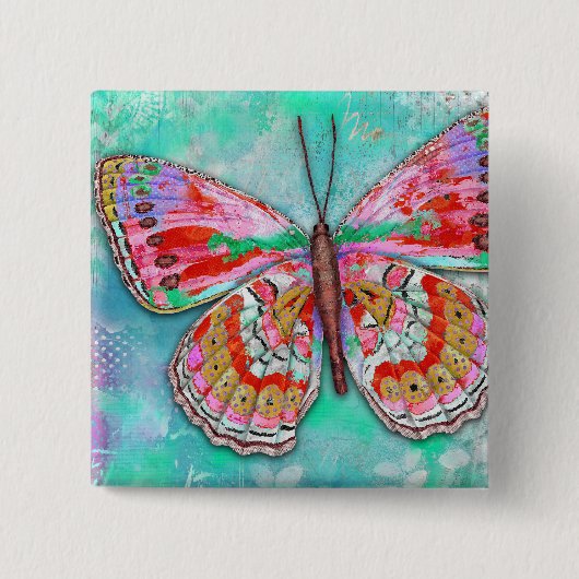 Kers Mint Vlinder Speld Vierkante Button 5,1 Cm (Voorkant)
