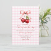 Kers op Bruidsdouche Roze Strik Gingham Kaart (Staand voorkant)
