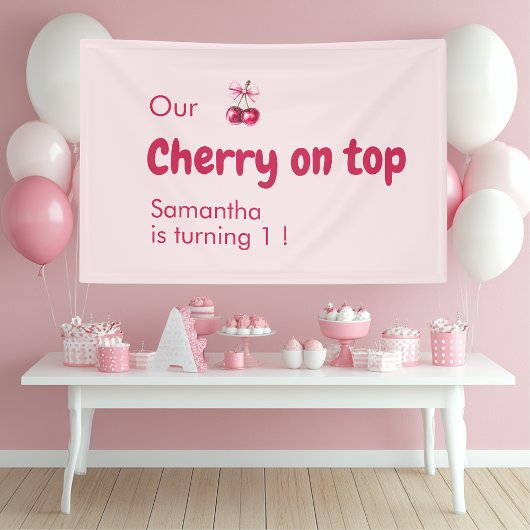 Kers op de Taart Roze Verjaardagsfeestje Spandoek