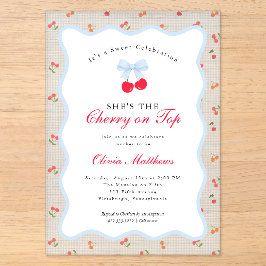 Kers op de Top Coquette Strik Gingham Baby Shower Acryl Uitnodigingen