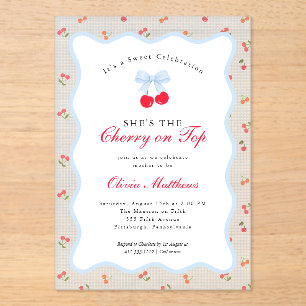Kers op de Top Coquette Strik Gingham Baby Shower Acryl Uitnodigingen