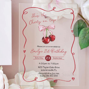Kers-op-de-top roze strik Coquette verjaardag Acryl Uitnodigingen