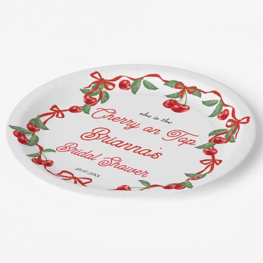 Kers op lint coquette bruidsdouche papieren bordje (Gekanteld)