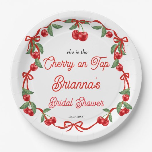 Kers op lint coquette bruidsdouche papieren bordje (Voorkant)