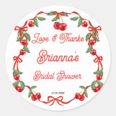 Kers op lint coquette bruiloftsborrel ronde sticker (Voorkant)