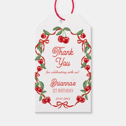 Kers op lint grillige verjaardagsfeestje cadeaulabel (Voorkant)