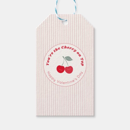 Kers op Retro Pinstripe Valentijnsdag Rood Crème Cadeaulabel (Voorkant)