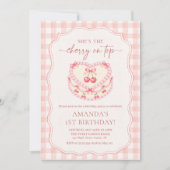 Kers Op Roze Gingham 1e Verjaardag Kaart (Voorkant)