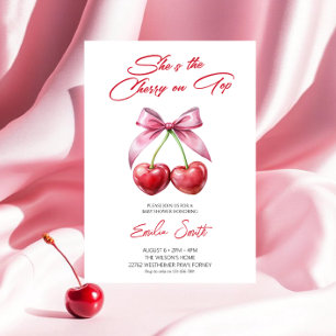 Kers op Roze Strik Baby Shower Uitnodiging