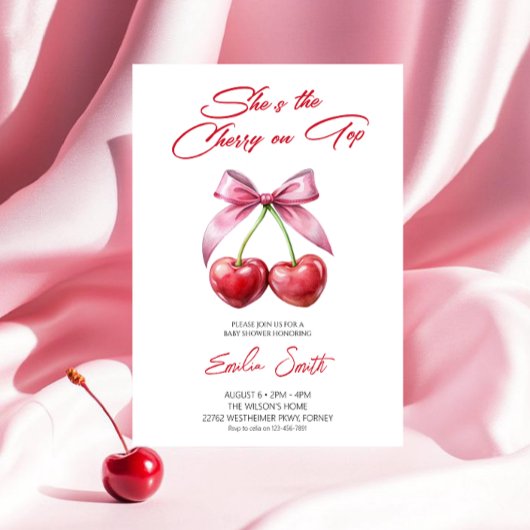Kers op Roze Strik Baby Shower Uitnodiging