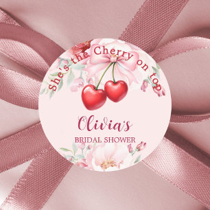Kers op roze strik bloemen Bruidsdouche Ronde Sticker