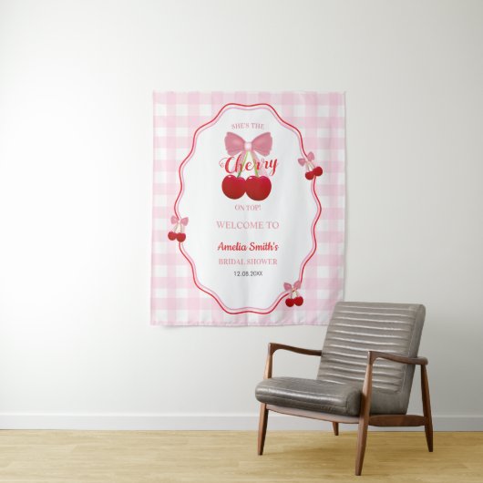 Kers Op Roze Strik Bruidsdouche Achtergrond Wandkleed (In situ)