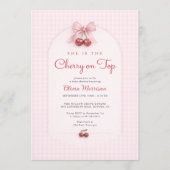 Kers op Roze Strik Gingham Baby Borrel Kaart (Voorkant)