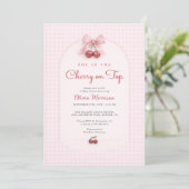 Kers op Roze Strik Gingham Baby Borrel Kaart (Staand voorkant)