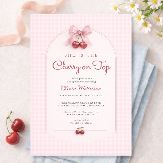 Kers op Roze Strik Gingham Baby Borrel Kaart