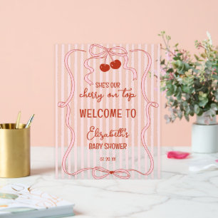 Kers op Roze Strik Klassieke Strepen Welkom Acryl Bord