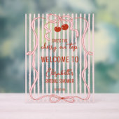 Kers op Roze Strik Klassieke Strepen Welkom Acryl Bord (Neutraal)