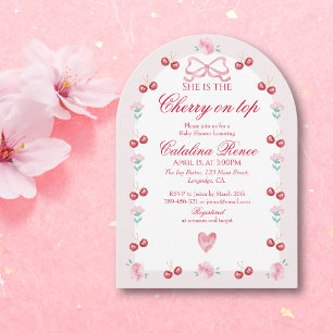 Kers Op Roze Strik Rode Baby Shower Kaart