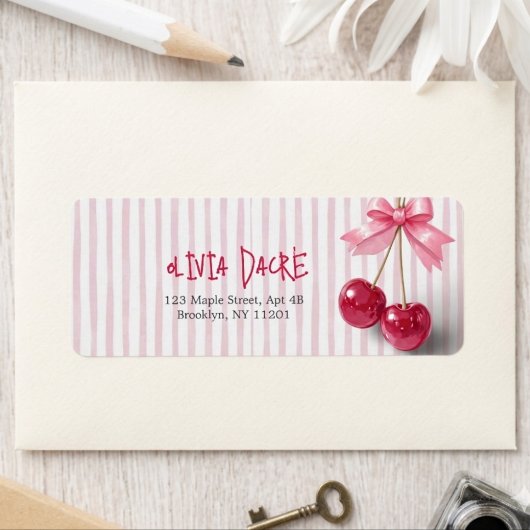 Kers Roze Strik Rode Zomer Retro Douche Etiket