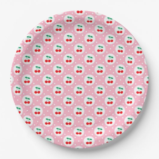 Kers Stippenpatroon – Retro Fruit Cadeau & Decorat Papieren Bordje (Voorkant)