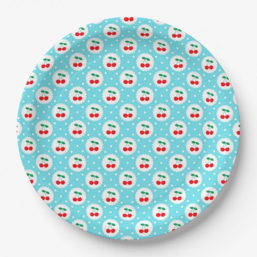 Kers Stippenpatroon – Retro Fruit Cadeau & Decorat Papieren Bordje (Voorkant)