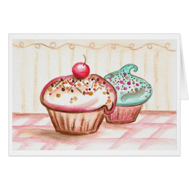 Kers Strooide Cupcakes Kaart (Voorkant Horizontaal)