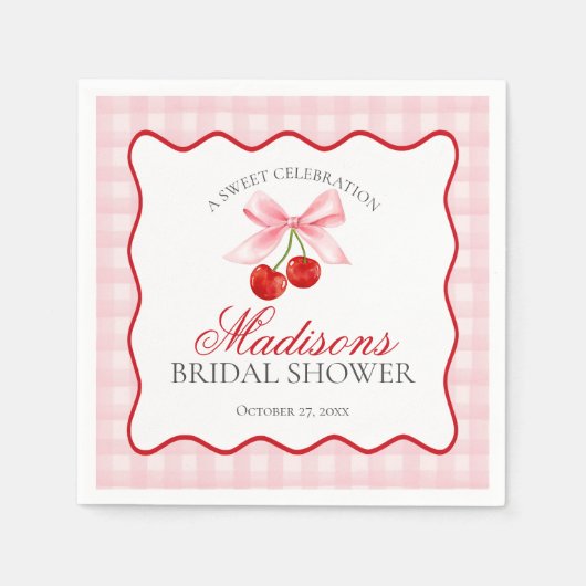 Kers Zoete Roze Coquette Gingham Bruiloftsfeest Servet (Voorkant)